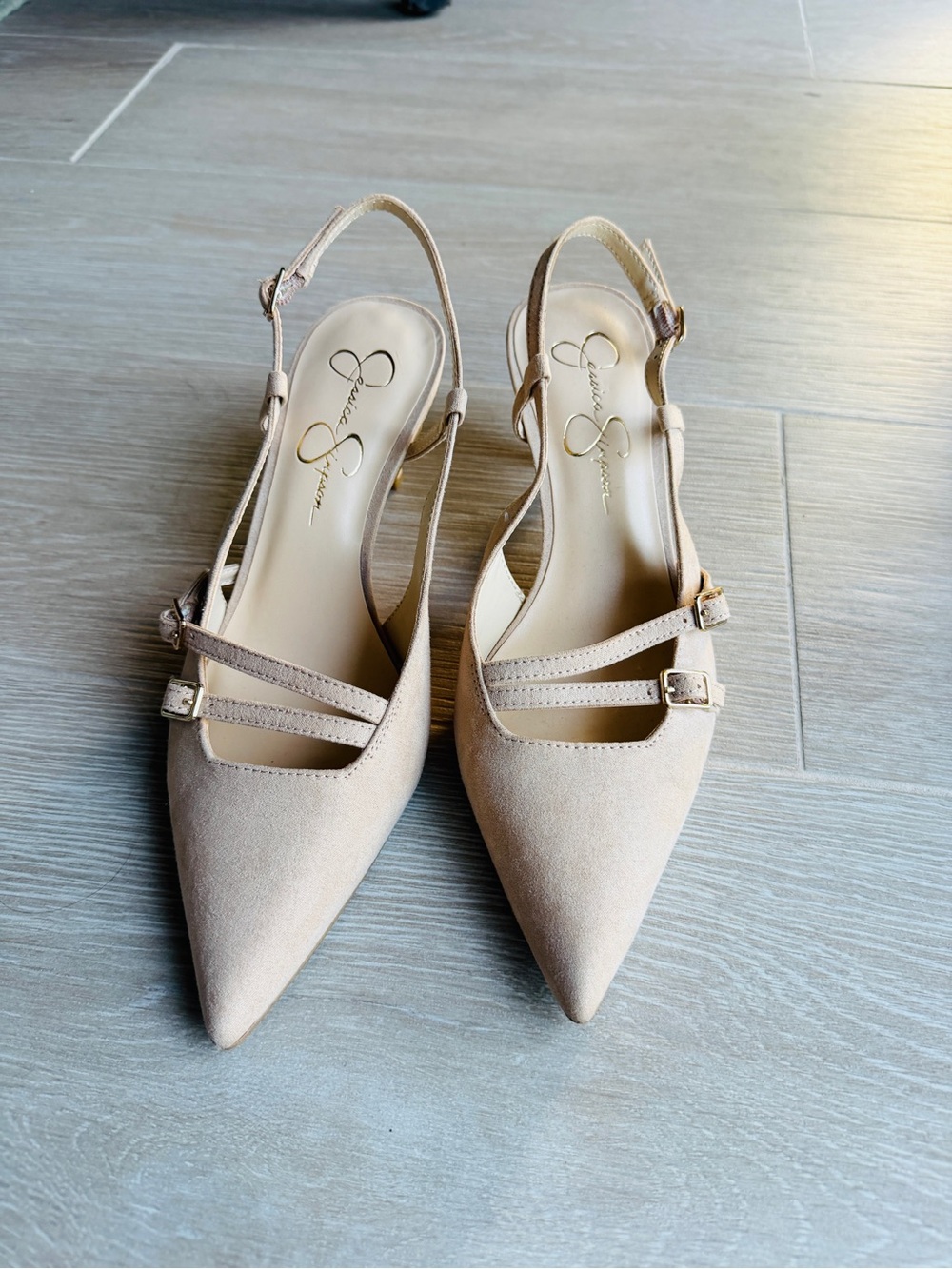 Jessica Simpson Neutral Beige Pointed Slingback Heels with Buckles - Picture 2 of 8